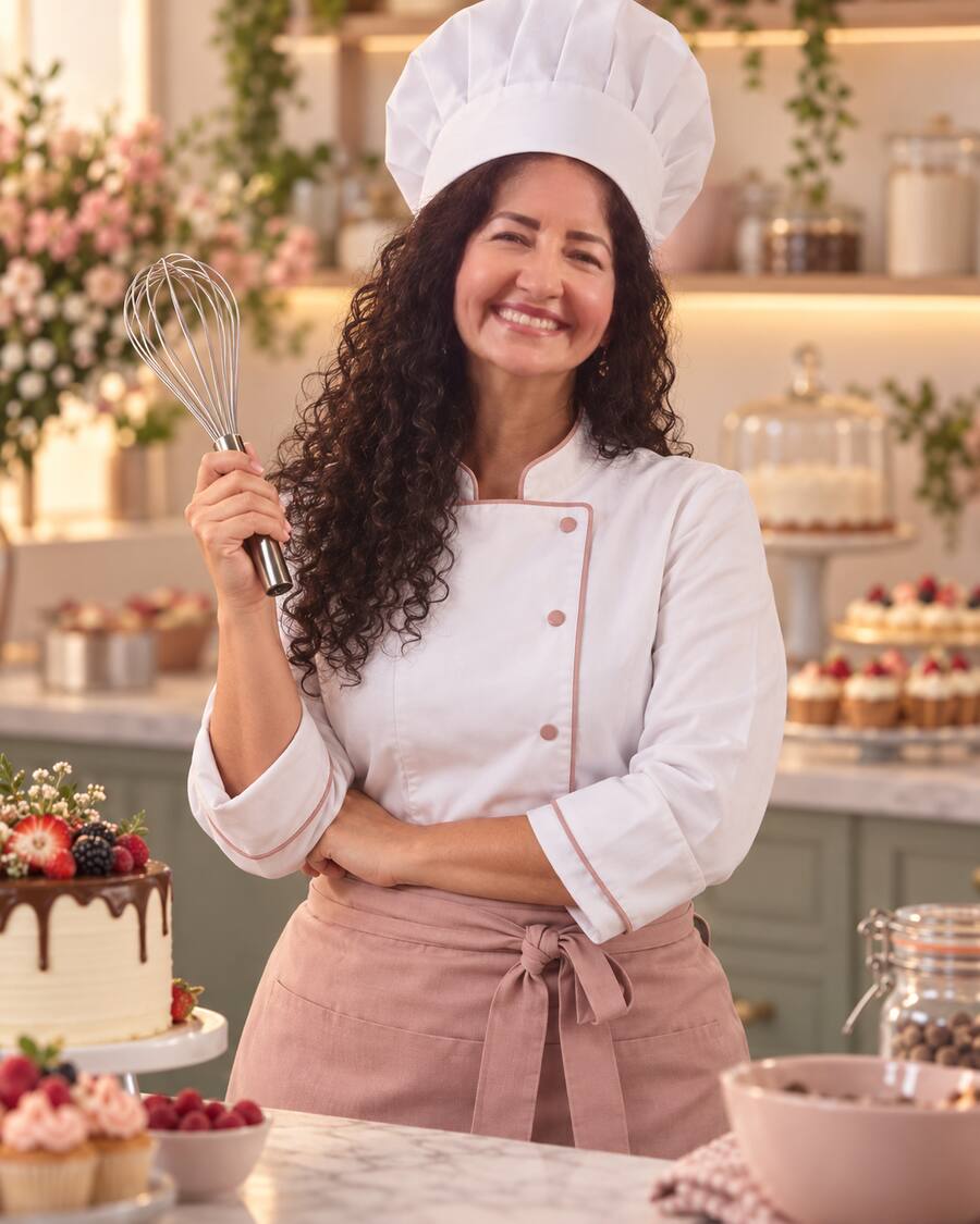 Olívia, confeiteira da Casa Olívia, usando uniforme branco e segurando um fouet